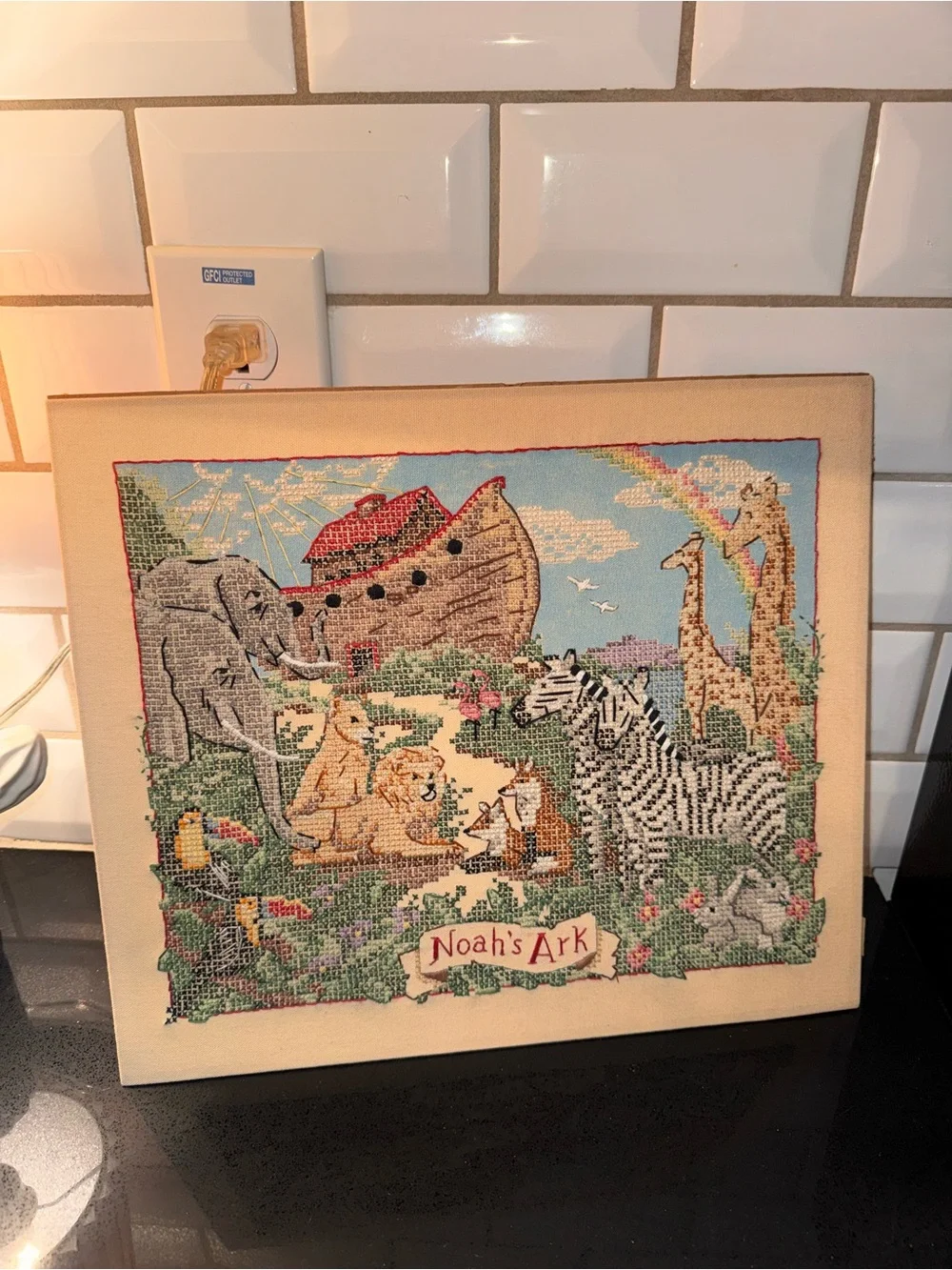 Noah's Ark Cross Stitch Wall Art - Cream Background with Multicolor Animals
